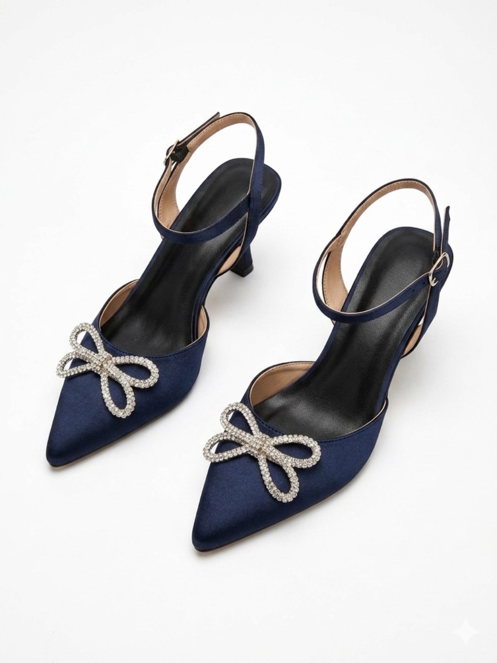 NWT Navy Blue Satin Pointed Toe Slingback Heels with Rhinestone Bow Accent 8 M